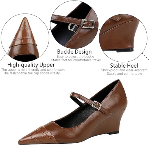 Women's Printed Leather Mary Janes Wedge Pumps with Adjustable Ankle Buckle Splice Retro Comfortable Closed Pointed Toe Dress Shoes for Party Date Wedding3