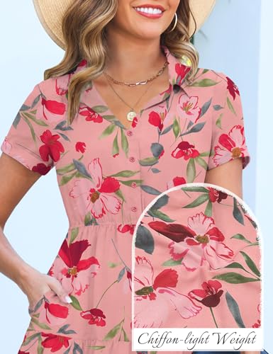 Image of Kranda Women 2026 Summer Collared V Neck Short Sleeve Button Down Chiffon Long Tiered Floral Maxi Dress with Pockets