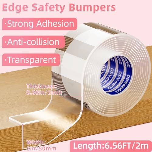 Image of ZOMPAGO Clear Soft Corner Protectors for Baby Safety Furniture Strip 2in(W) x6.56FT(L), Sharp Edge Table Corner Bumpers, Wall Corner Guards, Baby Proof Corner Protectors for Cabinet & Window Edge