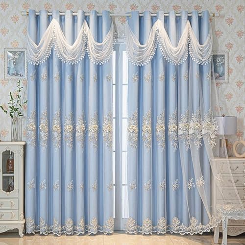 Rideaux brodés double couche avec cantonnière ondulée pour salon ou chambre à coucher