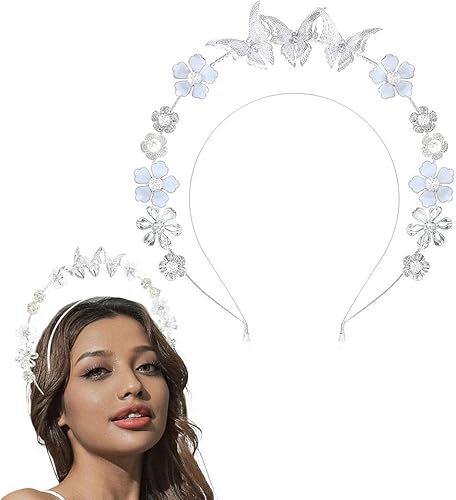 Barode Butterfly Crown Headband Silver Flower Bride Wedding Tiaras Rhinestone Layered Headpiece Bridal Princess Angel Prom Hair Accessories for Women