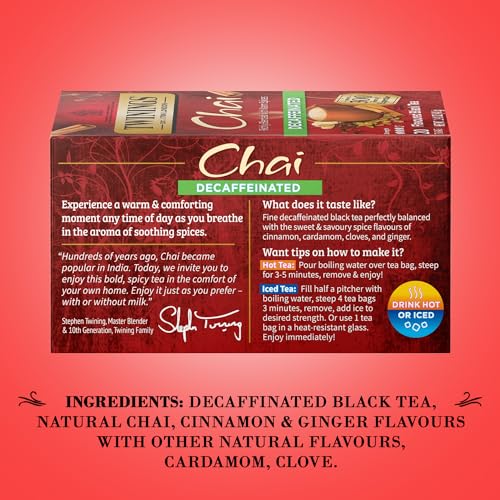 Image of Twinings Decaffeinated Chai Tea, Black Tea Blend with Cinnamon, Ginger, Cardamon, Cloves for a Sweet and Spicy Flavor, 20 Count