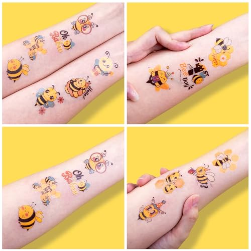 Image of 120 PCS Bee Pre-Cut Temporary Tattoos for Kids | | Super Cute First Themed Birthday Party Favors, Supplies, Decorations, Cute Animal Tattoo Stickers, Gifts for Boys Girls