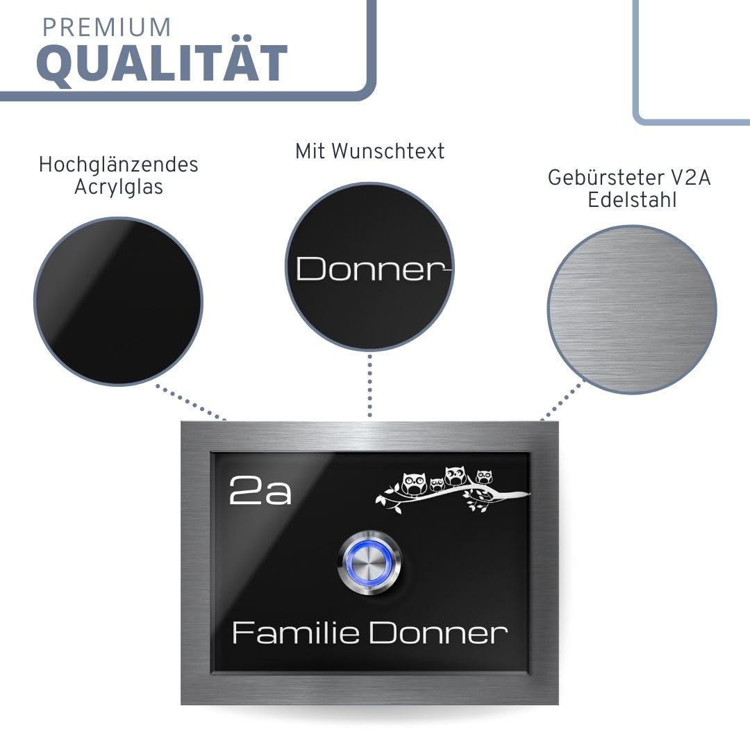 Personalisierte Hochglanz Acrylglas Türklingel - Klingel Modell Donner 12x9 cm | Gravur mit Wunschtext und Motiv - Optional mit beleuchtetem Klingelknopf und Zubehör