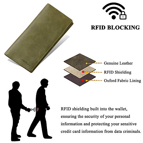 Image of VISOUL Leather Checkbook Cover Wallet for Men with RFID Blocking, Mens Long Bifold Cash Tall Wallet with 11 Credit Card Slots 1 ID Window (Olive Green)