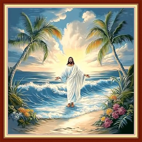 Image of Redxing Stamped Cross Stitch Kits Embroidery kit for Beginners Adults Full Range of Embroidery Patterns Starter Kits DIY Printed Cross Stitch Kits Needlepoint Kits 11CT-Jesus Coconut Tree 18x18 inchs