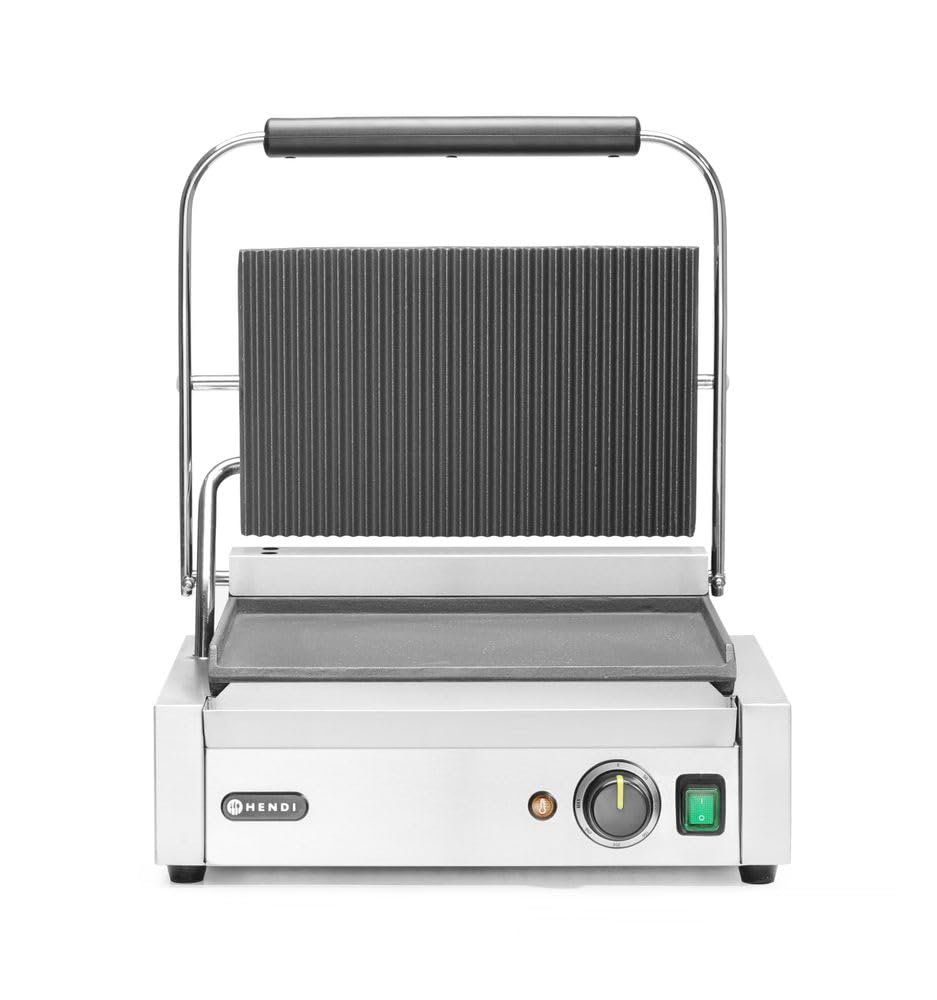 HENDI Parrilla Eléctrica de Contacto, Grill/Plancha Panini y Sandwichera Profesional, Placas Acanaladas y Lisas de Hierro Fundido Esmaltado, 230V, 2200W, 430x375x(H)216mm, Acero Inoxidable