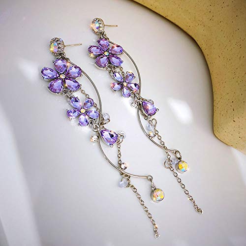 Silver Long Flower Earrings Purple Rhinestones Big Dainty Floral Drop Earrings Statement Charm Earring Body Jewelry for Women4