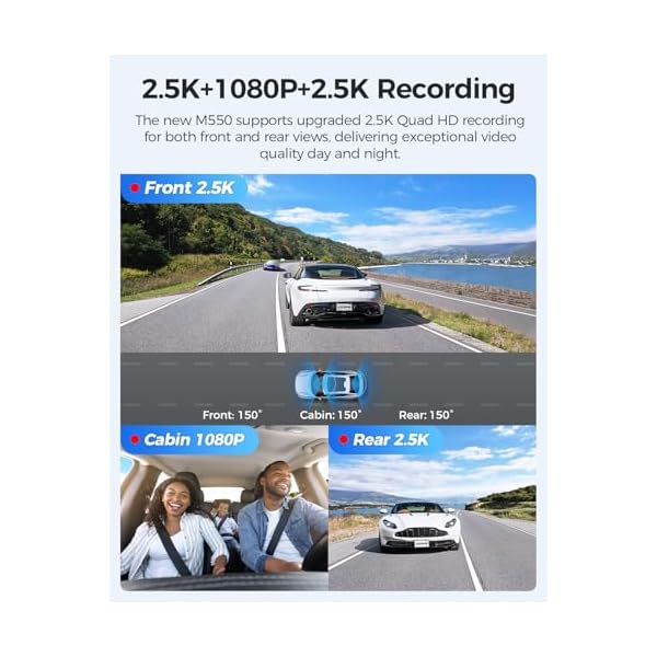 AZDOME M550 3 Channel Dash Cam, 4K+2.5K Dual Dash Camera for Cars Built-in WiFi GPS, 1440P+1080P+1440P Front and Rear Inside, 64GB Card Included, 3.19" IPS Screen, WDR, IR Night Vision, Parking Mode