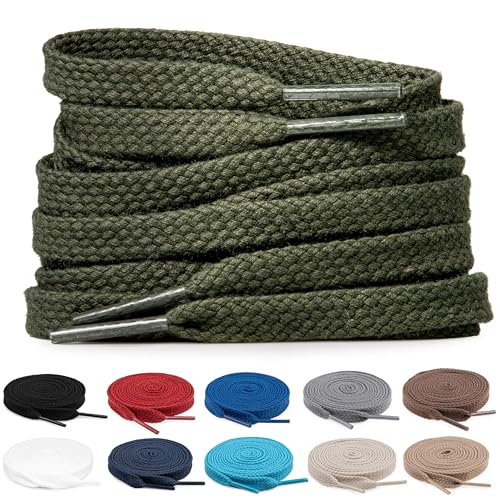 TULMERO 2 Paare Schnürsenkel Olivgrün 100% Baumwolle - Sneaker Schnuersenkel Flach, 8 mm Breite Flat Sneaker Shoelace, Ersatz Schuhbänder für Turnschuhe Länge 120 cm