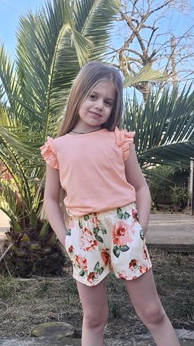 Image of Arshiner Girls 2 Piece Outfits Summer Clothes Ruffle Short Sleeve Shirts Top and High Waist Paper Bag Shorts Set with Pockets