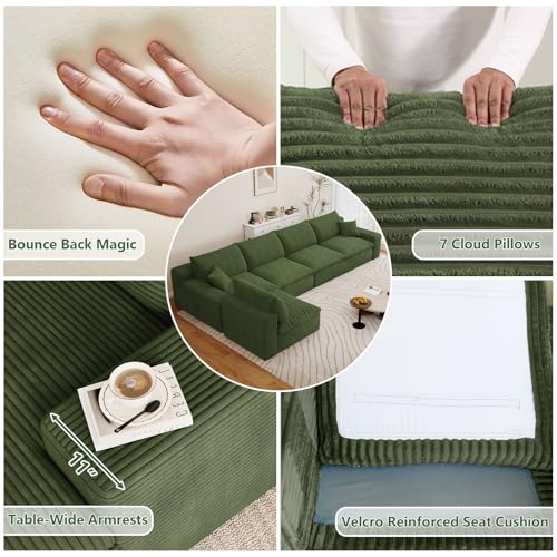 Image of 136 inch Cloud Couch Modular Sectional Sofa for Living Room, L-Shape Boneless Couch with Deep Seat, Modern Corduroy 5-Seater, No Assembly Required,Green