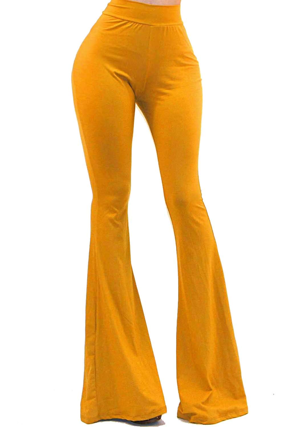 Vivicastle Women's USA Boho Solid Hippie Wide Leg Flared Bell Bottom Pants, Mustard, Medium