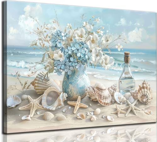 AKOTAC Blue Ocean Beach Bathroom Canvas Wall Art Seaside Seashell Painting Print Artwork Starfish with White Flower Coastal Picture Wall Decor for Living Room Bedroom Bathroom Decoration