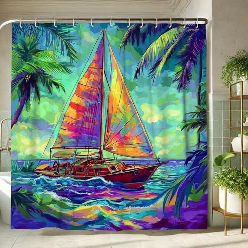 Rideau de douche motif bateau à voile, rideau de bain coloré pour décoration de salle de bain, rideau de douche en tissu imperméable avec crochets, 183 x...