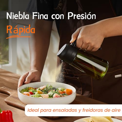 TrendPlain Pulverizador Aceite Spray 470ml - 2 en 1 Spray Aceite Cocina, Dispensadora para Freidora de Aire, Ensaladas, Vinagre y Accesorios Cocina (1 unidad, Negro-1) - Imagen 4