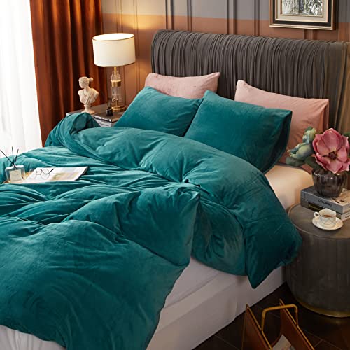 Ivellow Velvet Duvet Cover Set Queen Size 3 Pcs Peacock Blue Luxury Flannel Velour Duvet Cover Zipper Closure Corner Tie
