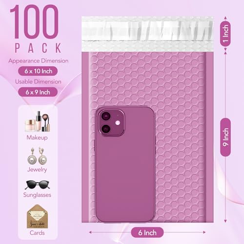 Image of Fuxury Bubble Mailers 6x10 Inch Padded Envelopes 100 Pack Usable Size 6x9 inch | Self Seal Bubble Envelopes Strong Adhesion Padded Mailers Shipping Bag for Mailing Jewelry Small Business,Pinkish Purple #0