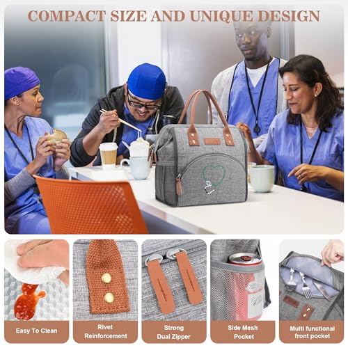 LOKASS Nurse Lunch Bag for Women, Embroidered Lunch Box with Special Nursing Design, Insulated Lunch Tote Ideal for Nurse Gifts, Neutral Grey