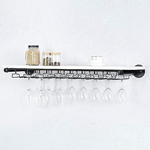 Industrial Pipe Shelving Hanging Stemware Racks,Rustic Wall Mounted Wine Rack with 8 Glass Holder,Steampunk Iron Floating Bar Shelves Stemware Holder,36in Metal Real Wood Shelf Wall Shelf Cover