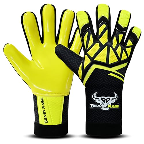 BEAST RAGE Torwarthandschuhe für Kinder Junior 3-10 Jahre|Stabiler Griff mit robustem Latex Jugend Erwachsenen Fußballtorwarthandschuhe für Jungen Fußball (Gelb, Größe 4, für 5 bis 6 Jahre)