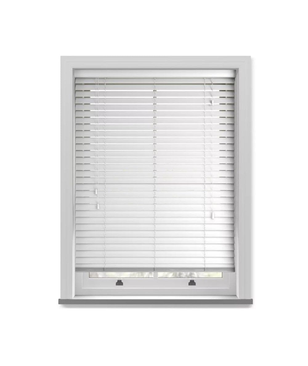 50mm Slat White Grained Faux Wood Venetian Blind With Strings 150cm Drop - 120cm