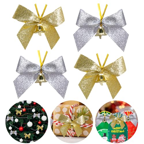 24 Pieces Christmas Tree Bows with Bells 3.5 Inch Small Christmas Glitter Bows Wreaths Bows for Christmas Decorations Holiday Candy Cookie Gift Wrapping (12pcs Gold, 12pcs Silver)
