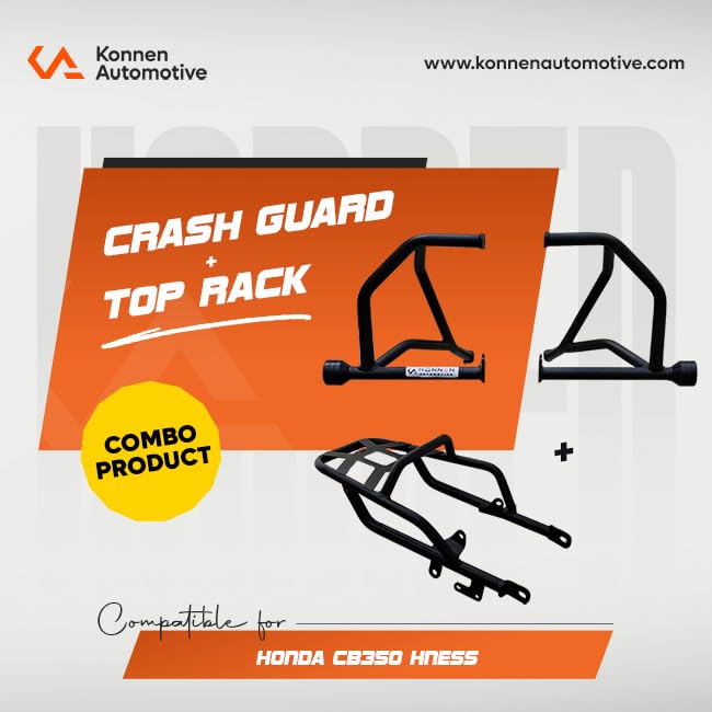 Image of Combo Premium Crash Guard and Touring Top Rack Compatible with Honda H'Ness CB350 | Engine Guard with Frame Sliders & Rear Luggage Carrier (Touring Combo) Black (Set of 1)