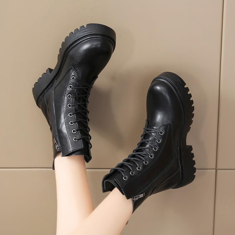 Women's Lace Up Combat Boots Platform Ankle Booties with Side Zipper Chunky Low Heel Round Toe Flat Shoes2