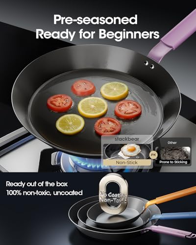 Image of Carbon Steel Skillet 12 Inch, Nitrided Steel Frying Pan, Preseasoned Rust Resistant Large Cooking Pan with Ergonomic Handle & Removable Silicone Grip, Induction & Oven Safe | Natural Patina Development with No Chemical Coating; Spacious Cooking Surface for Family Meals & Searing