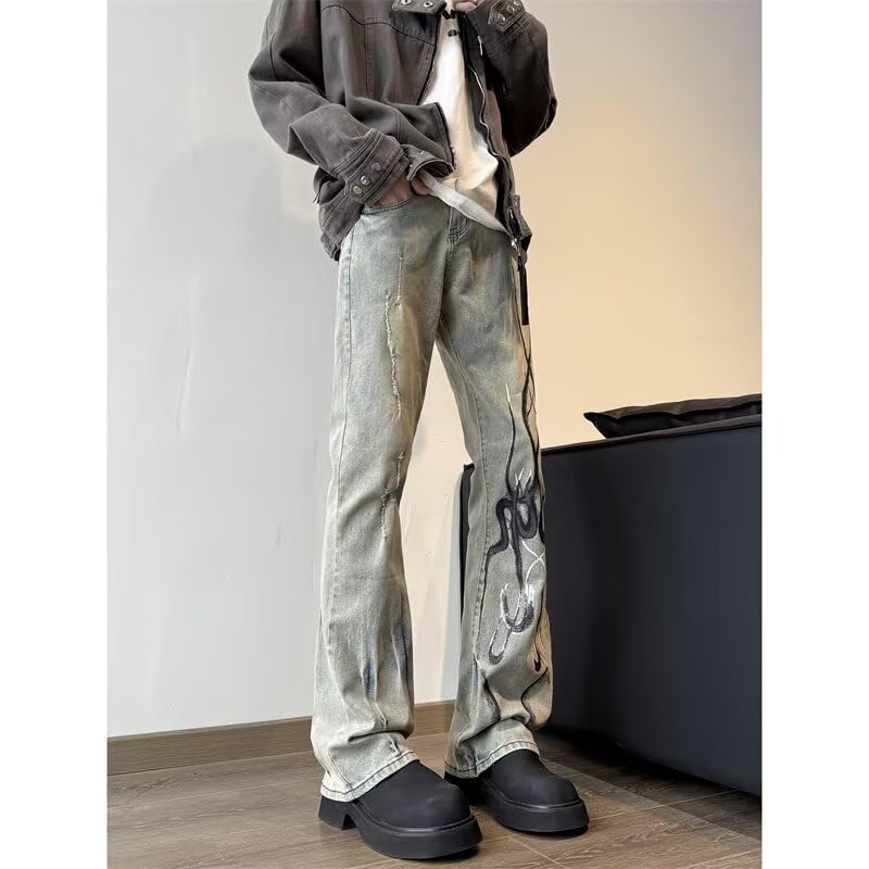 BXCNCKD Men's Retro Washed Micro Flared Jeans with Flame Print for Slimming and Floor Hugging Straight Leg Pants3