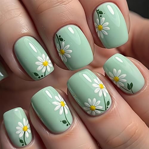 Daisy & Mint Green Press on Nails Short Square Design Fresh Mint Base with Delicate White Daisy Patterns Glossy Finish Reusable Stick on Nails Suitable for Casual Looks Artificial Nails 24 Pcs