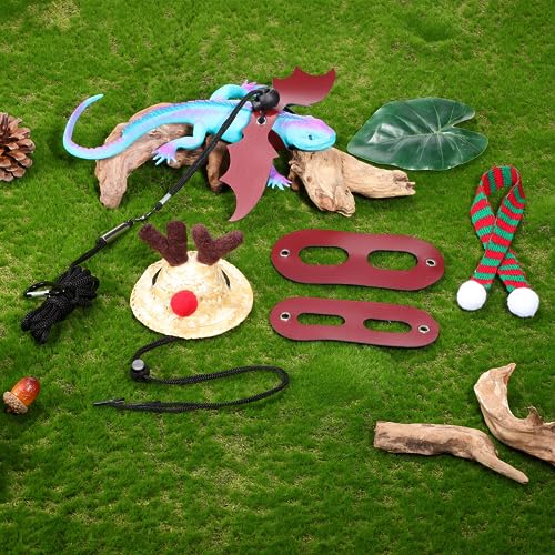 Image of Ipetboom Christmas Lizard Suit for Bearded Dragons Holiday Pet Clothing Set with Elk Hat Scarf and Leash - Comfortable and Durable Accessories for Small Lizards
