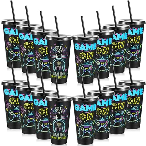 Uiifan 16 Pcs Video Game Party Plastic Cups with Lids and Straws 24 oz Iced Coffee Drinking Resuable Plastic Cups for Video Game Birthday Party Favor(Black)