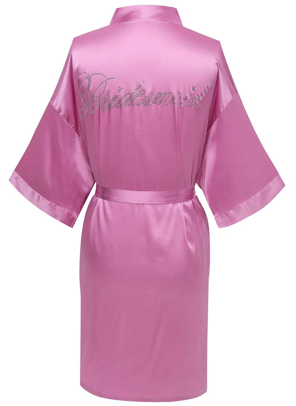 Women's Satin Kimono Robe for Bridesmaid and Bride Wedding Getting Ready Kimono with Rhinestones Dressing Gown