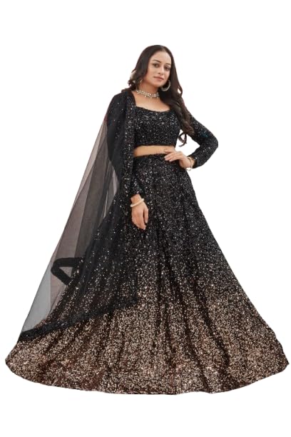 Sequin Lehenga Choli with Dupatta, Black Gradient Lehrngha set, Long Sleeve-image-37