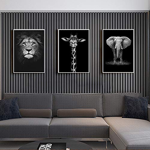 Modern Black And White Décor Canvas Wall Art,Animals Picture Prints,Lion,Elephant,Zebra,Giraffe Painting Printed On Canvas,Wall Decoration 8"X10" Unframed Set Of 4 Prints #TOP6