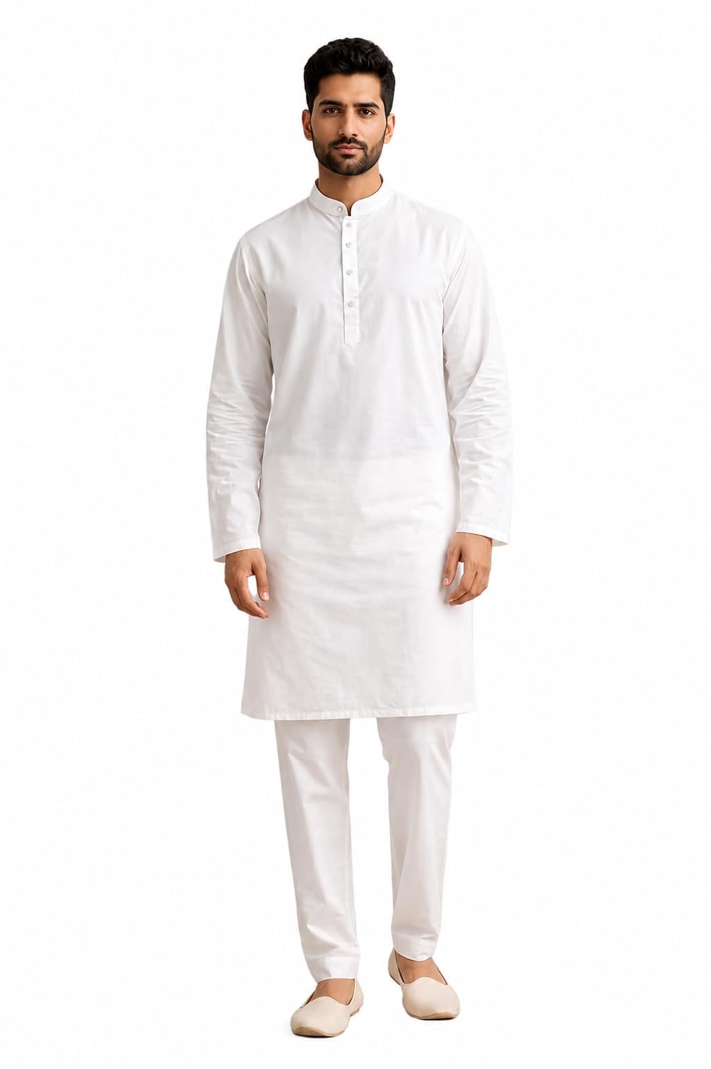 Men's 100% Pure Cotton Solid White Kurta Pajama Set, Traditional Indian Ethnic Wear-image-2