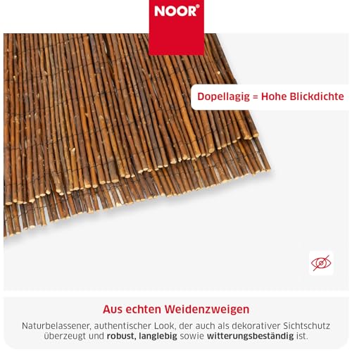 NOOR Weidenmatte Deluxe Natur 0,90 x 3,00 m - Natürlicher Sicht- und Windschutz aus Weidenzweigen für Garten, Terrasse & Balkon - verwebt mit verzinktem Draht
