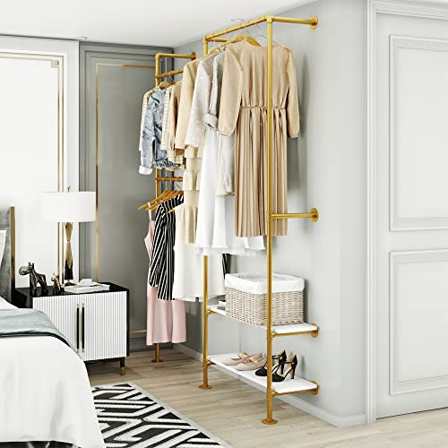 KaKaBB-Gold-Pipe-Clothing-Rack-Clothes-Rack-for-Wardrobe-Bedroom-and-as-walk-in-Closet-System-Double-Hanging-Rods-Clothes-Rack-with-ShelvesHeavy-Duty-Clothes-Rack-Wall-MountedGold