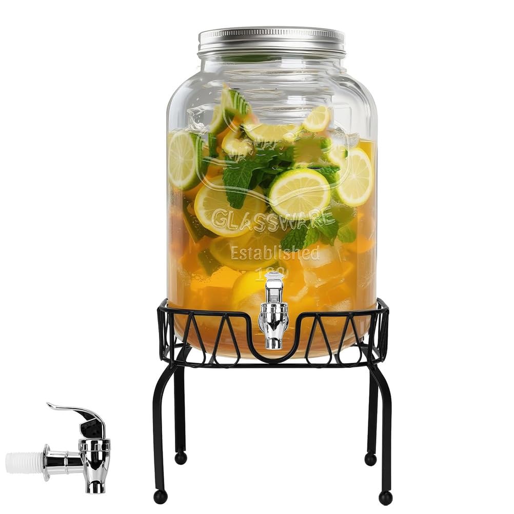 8L,Dispensador de Bebidas de Vidrio con Soporte y Tapa, 3L, 4L, 5L, 8L con Grifo: dispensadores de Bebidas de Vidrio para Fiestas, Bodas, Ideales para jugos, Cerveza, té Helado