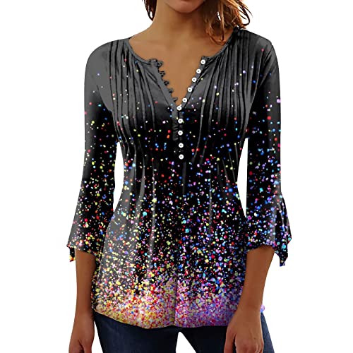 Going Out Tops For Women Floral Printed Casual Shirts V-Neck Button Tunic 3/4 Sleeve Retro Style Fashion T-Shirts Purple Large #TOP20