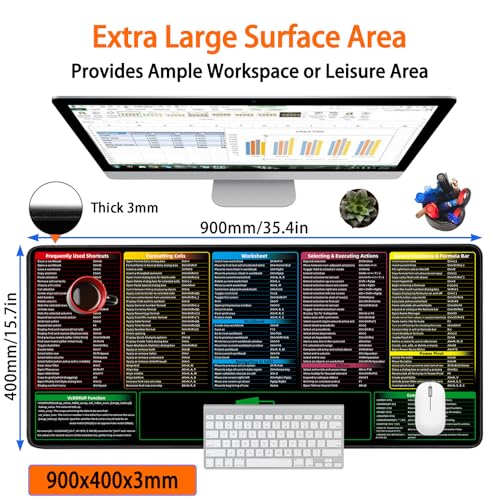 Image of Excel Shortcuts Mouse Pad，Extended Large XXL（35.4x15.7x0.12in） Cheat Sheet，Gaming Mousepad，Giant PC Office Excel Desk Pad，Waterproof Keyboard Mat，Non-Slip Rubber Base，Stitched Edges