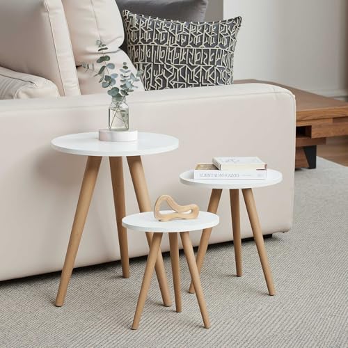 Jogo de Mesas Trio Redondas Pé Palito – Kit 3 Mesinhas Laterais para Sala, Quarto e Decoração, MDF/MDP, Branco ou Preto