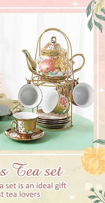 Image of Premium Ceramic Tea Set of 13 PCS Teapot (800ML) with 6 Cups (180ML Each), 6 Saucers & Holder Stand Elegant Gift for Tea Lovers Ideal for Home, Office & Parties (Golden)