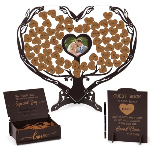Dezhier Heart Wedding Guest Book Alternative Coffee Color Rustic Wooden Wedding Souvenirs with Heart Picture Frame Heart Guest Book Drop Box Personalized Decor Party Birthday