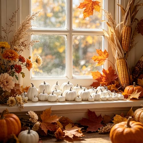 Image of winemana 46 Pcs Artificial White Pumpkins Fall Decorations | Assorted Size, Paintable, Foam Pumpkin, Halloween Thanksgiving Autumn Decor, For Table Centerpiece Mantle Bowl Crafts