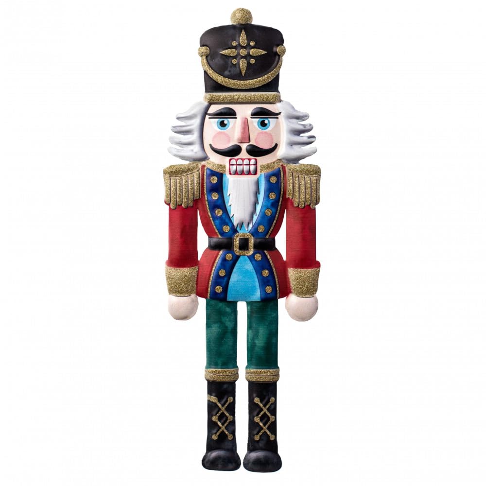 Nutcracker Shaped Embossed Metal Christmas Sign with Sawtooth Hanger for Wreath Accents, Garlands, Crafts, and Decorations (Red, Green, Blue, Multi, 12