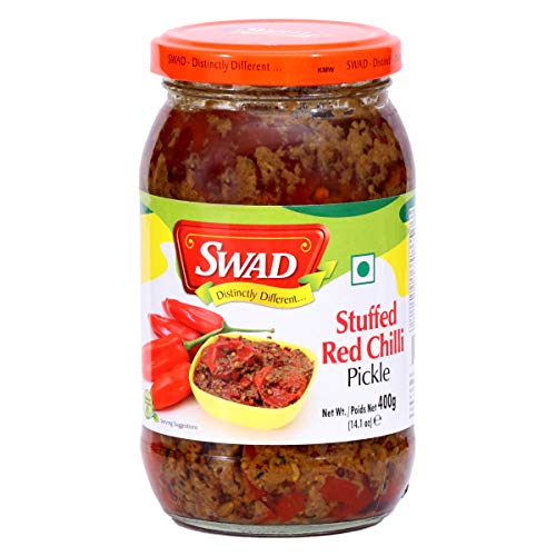 Image of SWAD Bharwa Lal Mirch Pickle 400g | Stuffed Red Chilli Achar | Authentic Gujarati Taste | Spicy Traditional Indian Condiment | Homemade Style Recipe | Ready to Serve