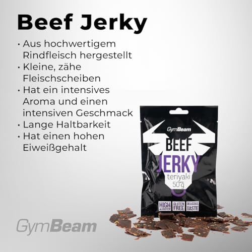 GymBeam Beef Jerky – Hochwertiger Fleischsnack aus Premium-Rindfleisch, gluten- und laktosefrei, mit hohem Eiweißgehalt, ideal für Sportler, lange Haltbarkeit (50 g (5er pack), Teriyaki)